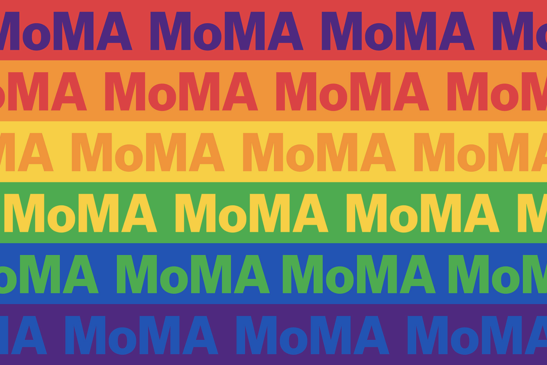 A rainbow pride flag where, in each stripe, the word 'MoMA' appears repeatedly, in the colour of the previous stripe, e.g. the orange stripe has the word MoMA repeated in red.