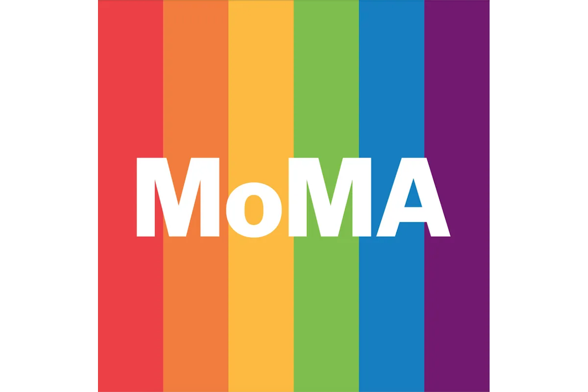 A square with six vertical stripes in rainbow colours, with the word 'MoMA' in bold white in the center.